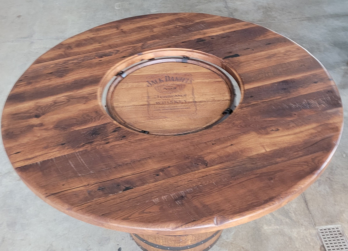 Reclaimed Barn Wood Whiskey Barrel Table TOP ONLY with Center Glass Inlay and Mounting Brackets, Free Shipping - Made in the USA!