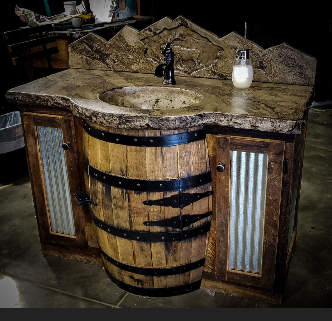 Whiskey Barrel Vanity with Concrete Top and Backsplash - Free Shipping and In-Home Delivery - Made in the USA!