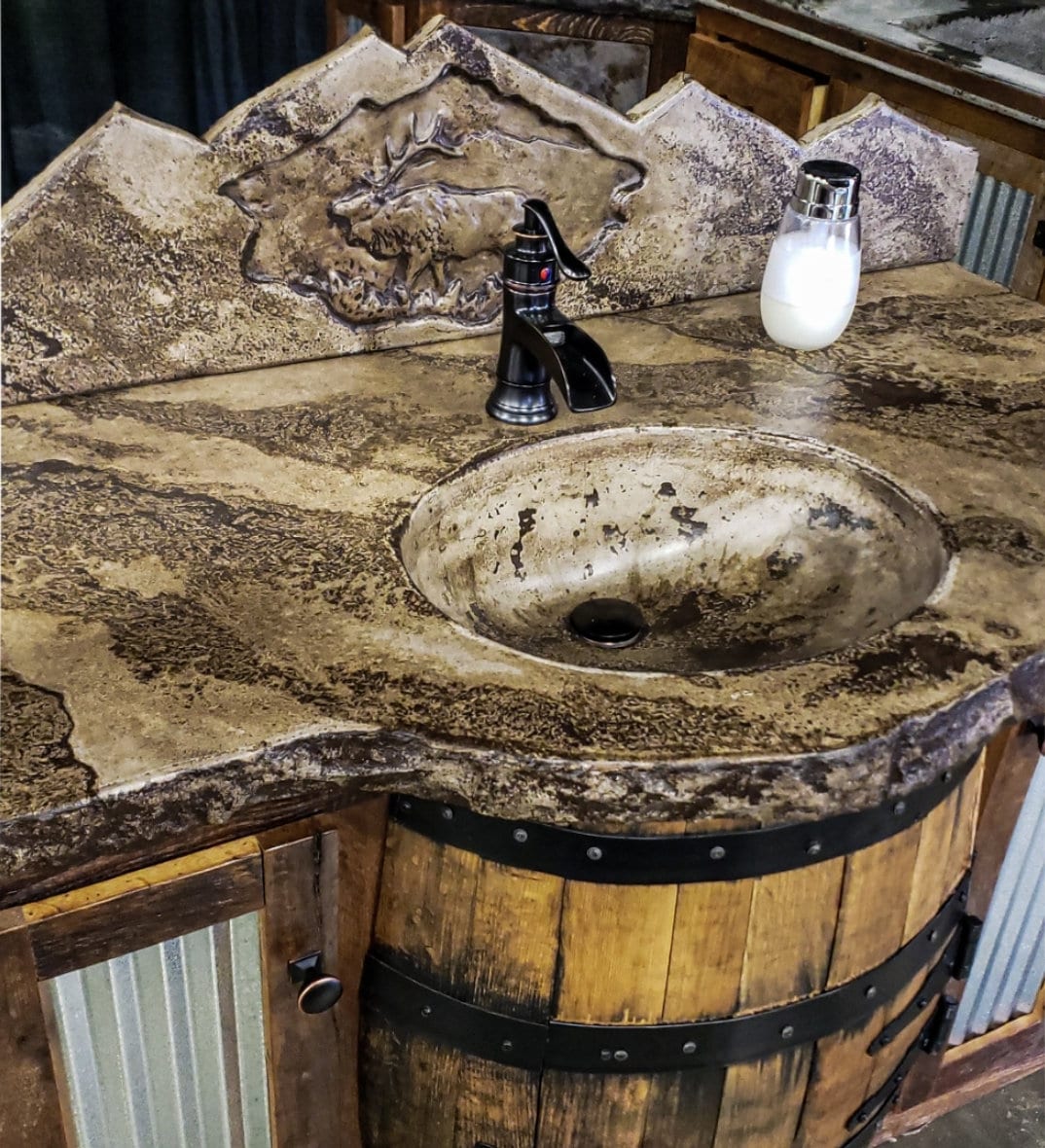 Whiskey Barrel Vanity with Concrete Top and Backsplash - Free Shipping and In-Home Delivery - Made in the USA!