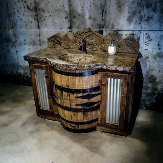 Whiskey Barrel Vanity with Concrete Top and Backsplash - Free Shipping and In-Home Delivery - Made in the USA!