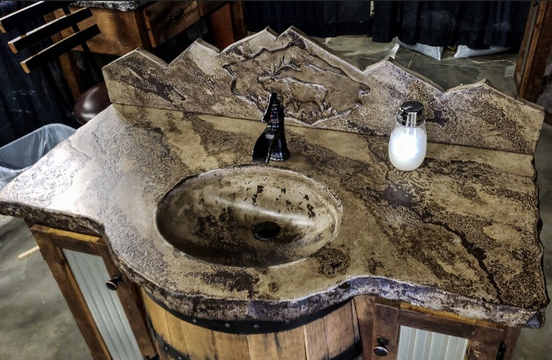 Whiskey Barrel Vanity with Concrete Top and Backsplash - Free Shipping and In-Home Delivery - Made in the USA!