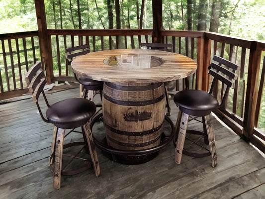 Jack Daniels® Whiskey Barrel, Table Top (48" burnt hickory) with Glass Inlay, Metal Footrest, and 4 Cushioned Stave Stools - Free Shipping!