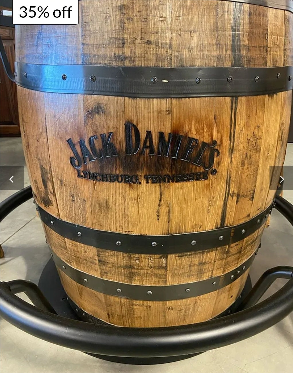 Jack Daniels® Whiskey Barrel, Table Top (48" burnt hickory) with Glass Inlay, Metal Footrest, and 4 Cushioned Stave Stools - Free Shipping!