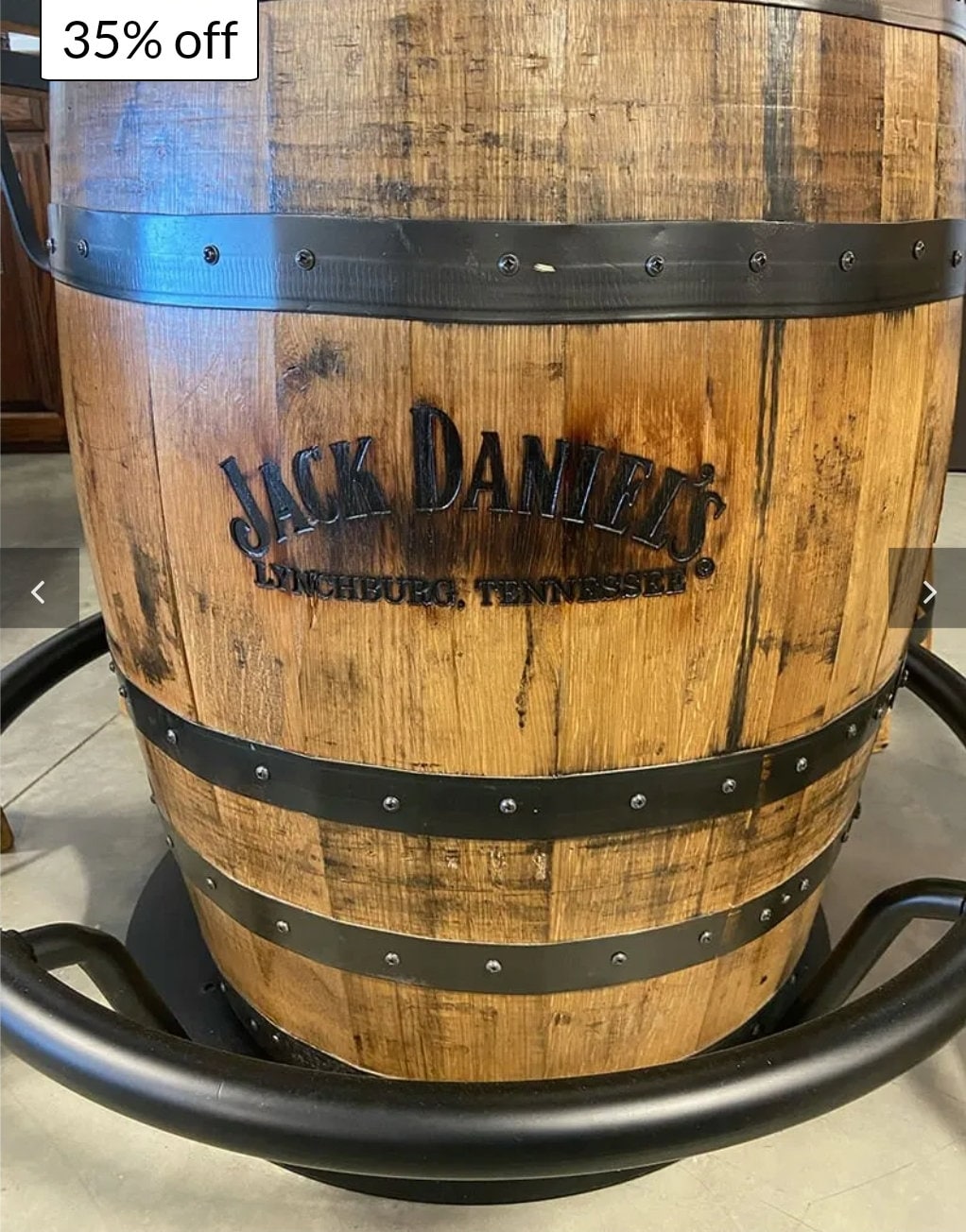 Jack Daniels® Whiskey Barrel, Table Top (48" or 56" burnt hickory), Glass Inlay, Elevated Metal Footrest, 4 - 6 Cushioned Stave Stools