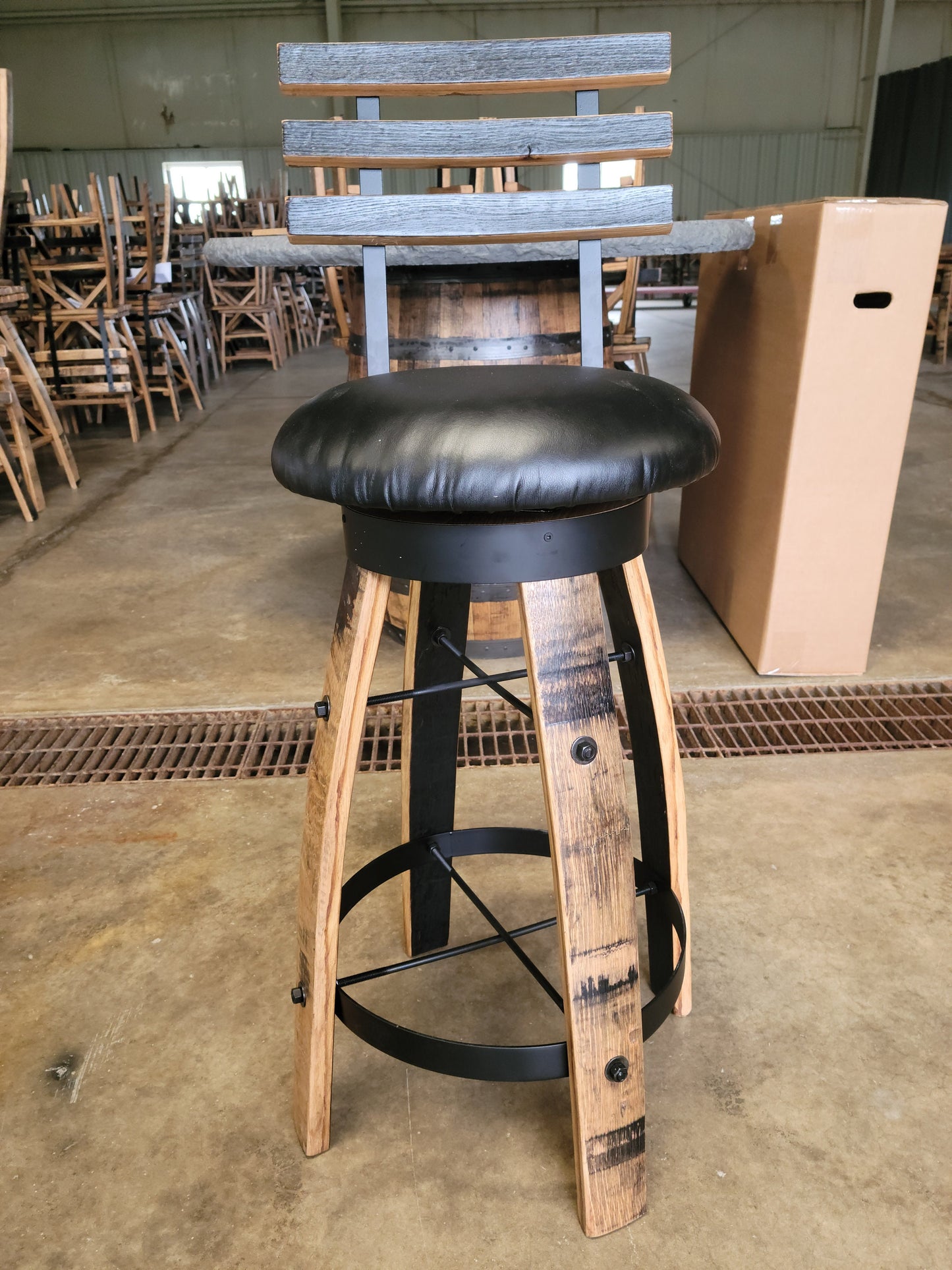Jack Daniels® Whiskey Barrel, Table Top (48" burnt hickory) with Glass Inlay, Metal Footrest, and 4 Cushioned Stave Stools - Free Shipping!