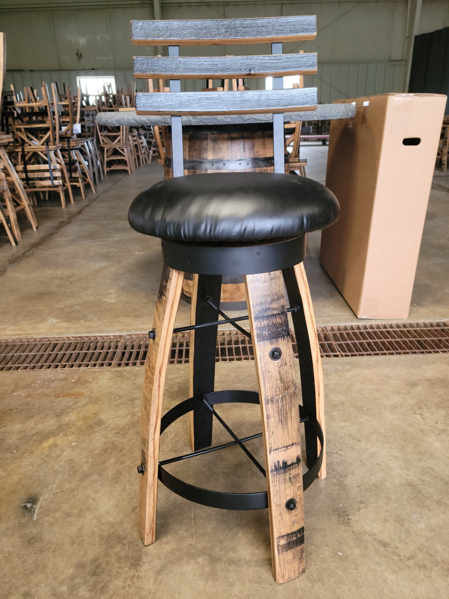 Jack Daniels® Whiskey Barrel, Table Top (48" or 56" burnt hickory), Glass Inlay, Elevated Metal Footrest, 4 - 6 Cushioned Stave Stools