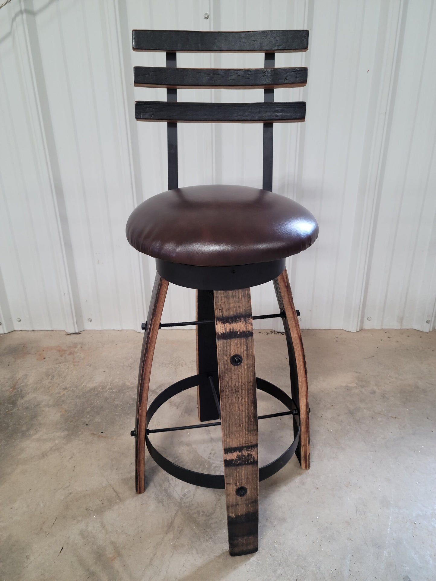 Jack Daniels® Whiskey Barrel, Table Top (48" or 56" burnt hickory), Glass Inlay, Elevated Metal Footrest, 4 - 6 Cushioned Stave Stools