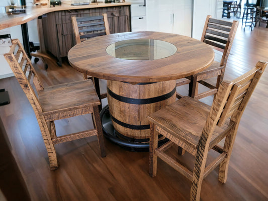 Buffalo Trace® Whiskey Barrel, Table Top (48" Reclaimed Barn Wood) with Glass Inlay, Metal Footrest, and 4 Reclaimed Chairs - Free Shipping!