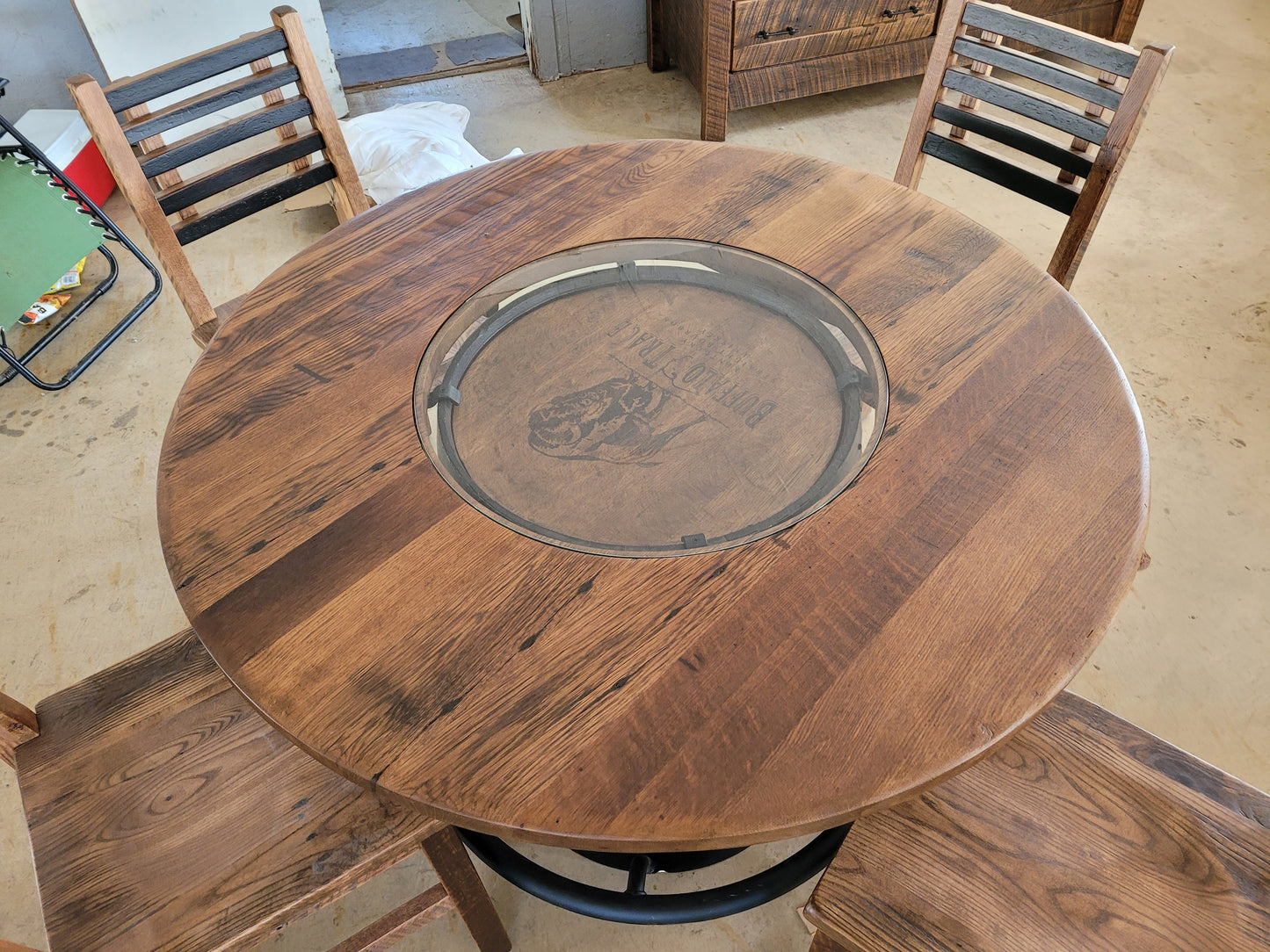 Buffalo Trace® Whiskey Barrel, Table Top (48" Reclaimed Barn Wood) with Glass Inlay, Metal Footrest, and 4 Reclaimed Chairs - Free Shipping!
