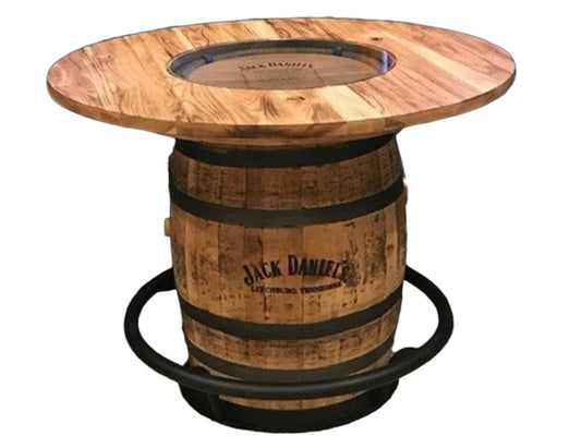 Jack Daniels® Whiskey Barrel, Table Top (48" burnt hickory) with Glass Inlay, Metal Footrest - Free Shipping!