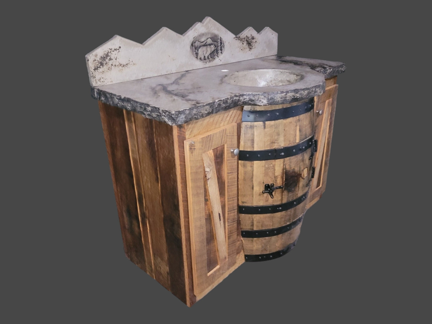 Reclaimed Whiskey Barrel Vanity with Concrete Top and Backsplash - Free Shipping - Made in the USA!