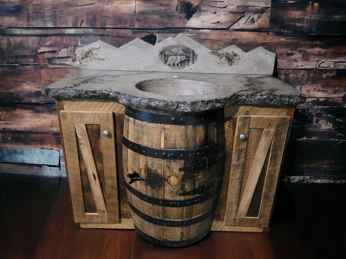 Reclaimed Whiskey Barrel Vanity with Concrete Top and Backsplash - Free Shipping - Made in the USA!