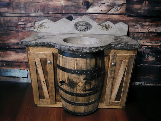 Reclaimed Whiskey Barrel Vanity with Concrete Top and Backsplash - Free Shipping - Made in the USA!