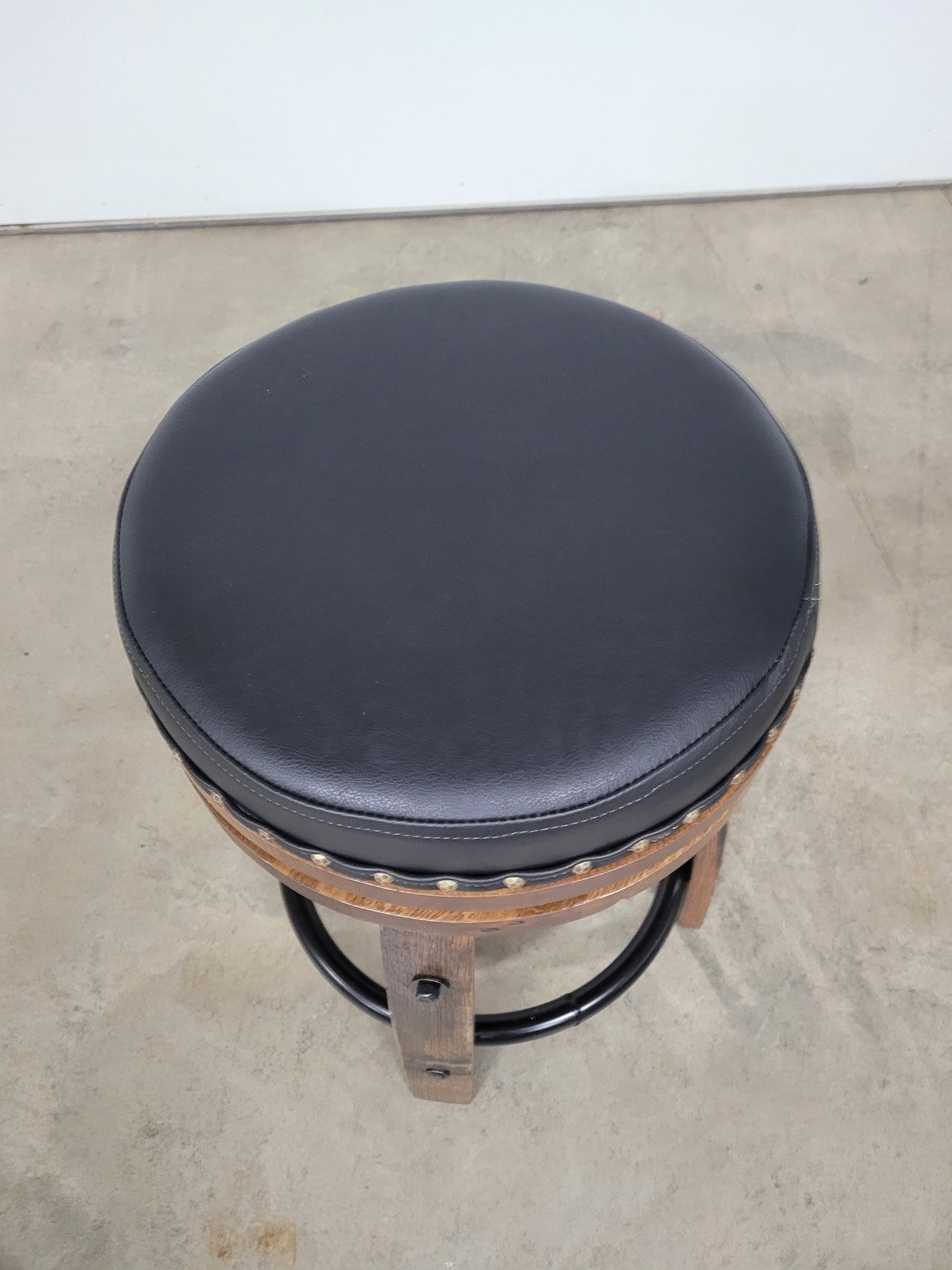 Backless Whiskey Barrel Stave Bar Stool with Real Leather Cushioned Swivel Seat, Footrest, (Brown or Black Cushion), FREE SHIPPING