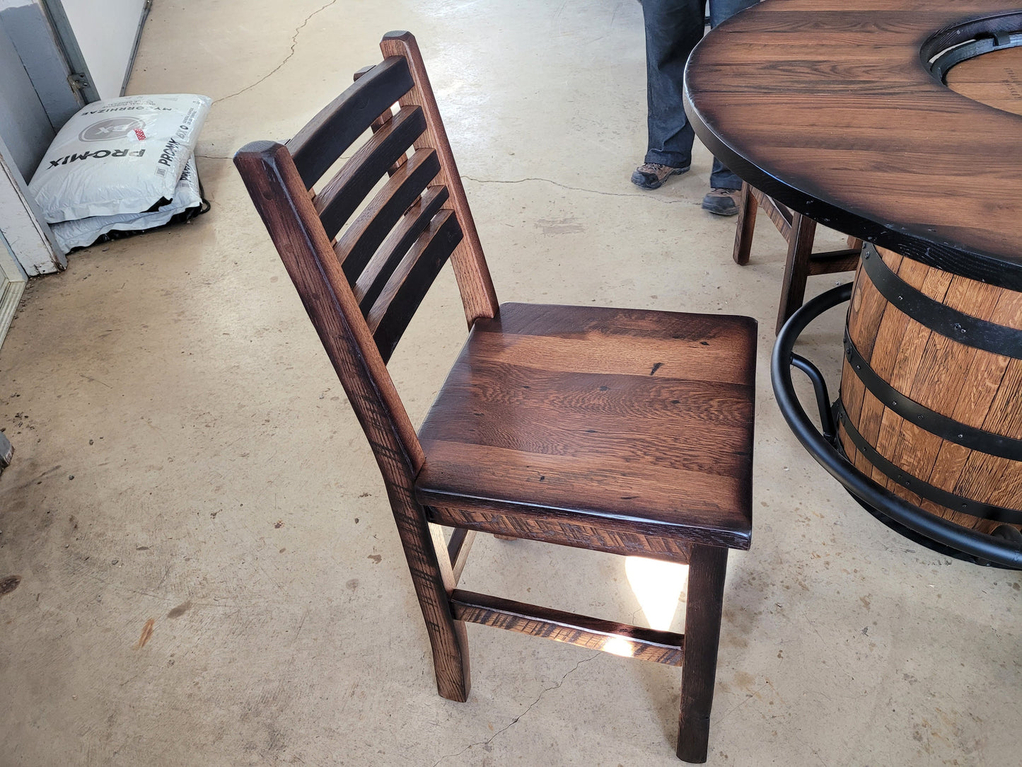 Buffalo Trace® Whiskey Barrel, Table Top (Reclaimed Barn Wood)with Glass Inlay, Metal Footrest, 4 Reclaimed Stave Chairs - Free Shipping!