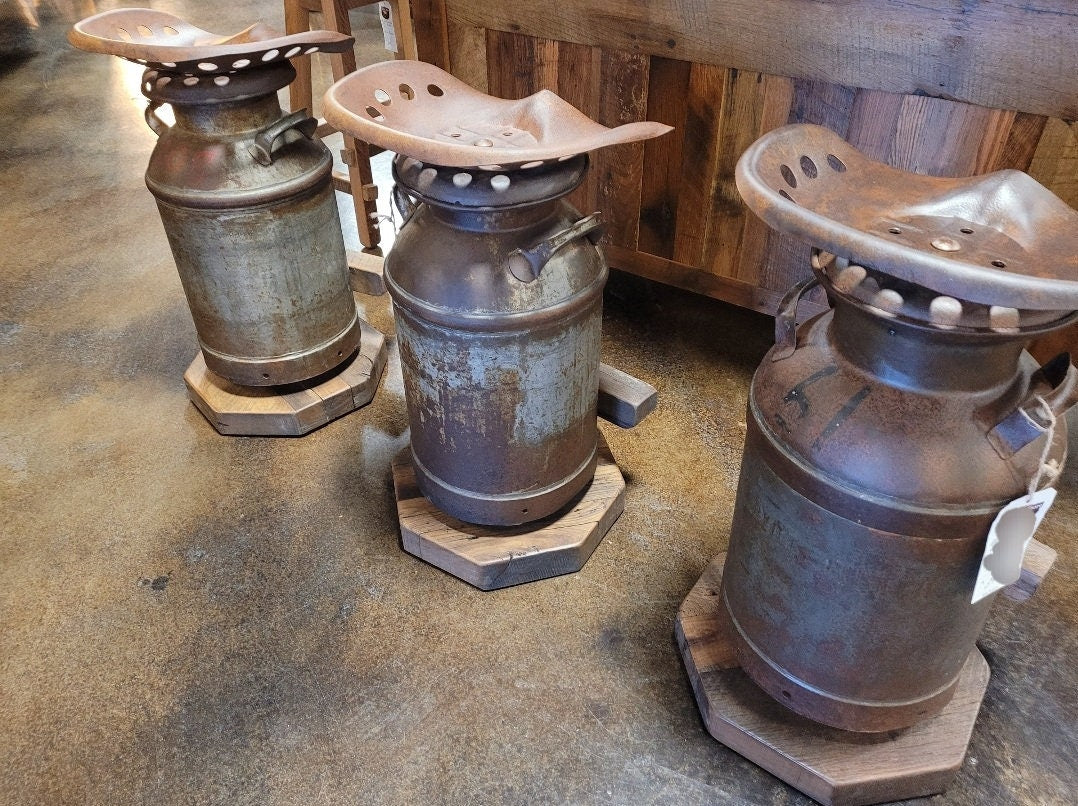 Authentic Amish Milk Can Bar Stool with Tractor Seat and Reclaimed Barn Wood Base, 30" Bar Height