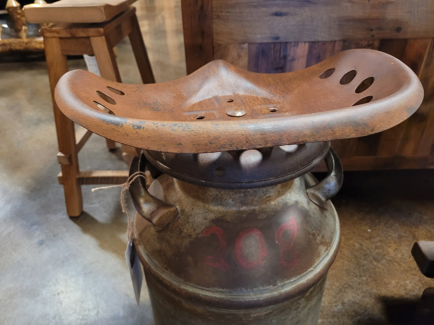 Authentic Amish Milk Can Bar Stool with Tractor Seat and Reclaimed Barn Wood Base, 30" Bar Height