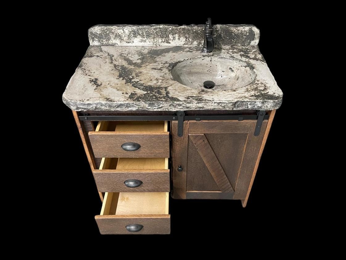 Reclaimed Rustic Barn Door Vanity with Concrete Sink and Counter Top - Made in the USA!