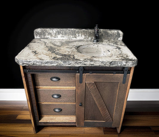 Reclaimed Rustic Barn Door Vanity with Concrete Sink and Counter Top - Made in the USA!
