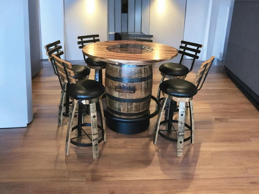 Jack Daniels® Whiskey Barrel, Table Top (48" or 56" burnt hickory), Glass Inlay, Elevated Metal Footrest, 4 - 6 Cushioned Stave Stools