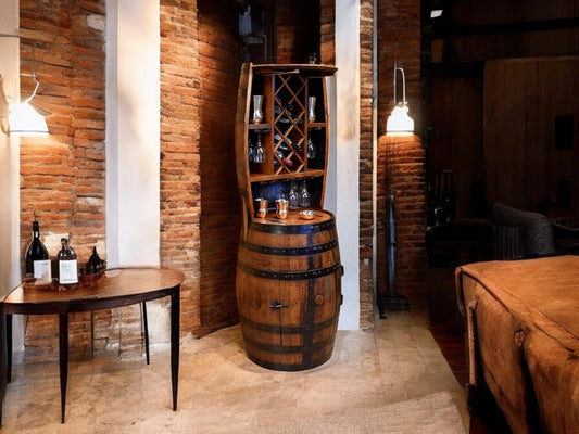 Whiskey Barrel Hutch, White Oak Stained Dark, Jack Daniels, Bourban Barrel