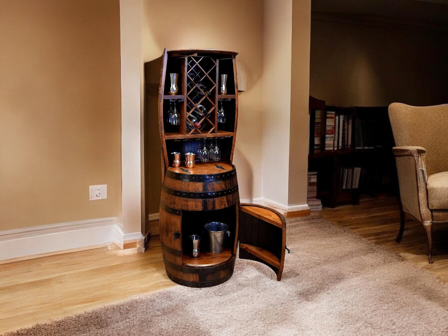Whiskey Barrel Hutch, White Oak Stained Dark, Jack Daniels, Bourban Barrel