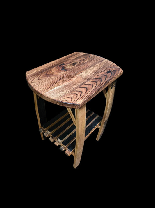 End Table Made of Burnt Hickory with Authentic Whiskey Barrel Stave Legs
