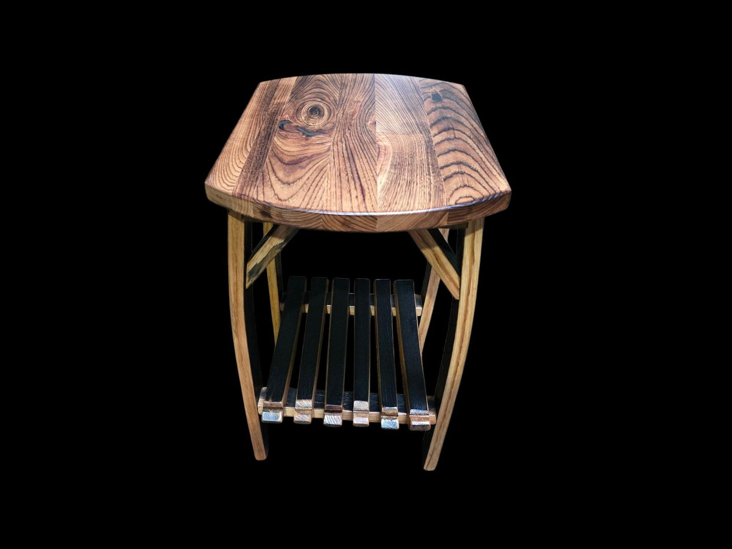 End Table Made of Burnt Hickory with Authentic Whiskey Barrel Stave Legs