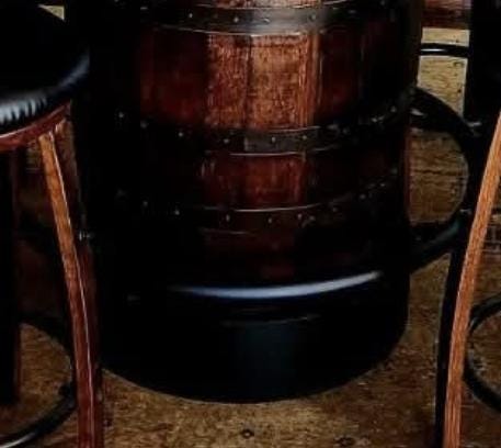 Whiskey Barrel Table Bourbon Barrel Table Top Pub Height Elevated Metal Footrest 4 - 6 Cushioned Stave Stools