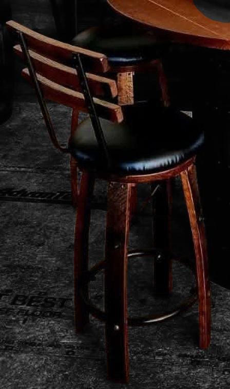 Whiskey Barrel Table Bourbon Barrel Table Top Pub Height Elevated Metal Footrest 4 - 6 Cushioned Stave Stools