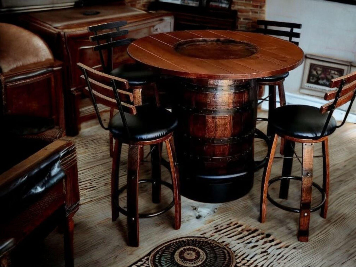 Whiskey Barrel Table Bourbon Barrel Table Top Pub Height Elevated Metal Footrest 4 - 6 Cushioned Stave Stools