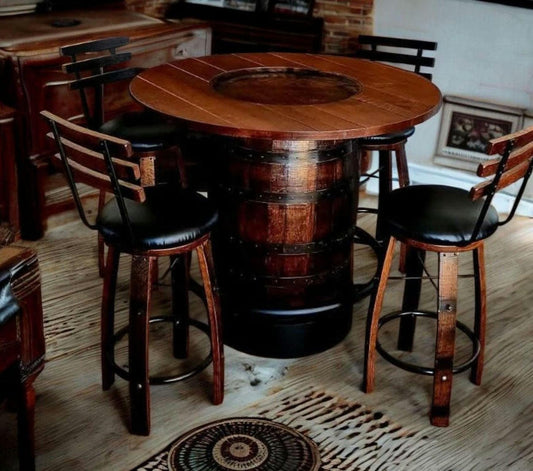 Whiskey Barrel Table Bourbon Barrel Table Top Pub Height Elevated Metal Footrest 4 - 6 Cushioned Stave Stools
