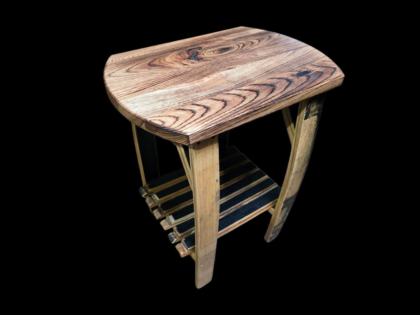End Table Made of Burnt Hickory with Authentic Whiskey Barrel Stave Legs