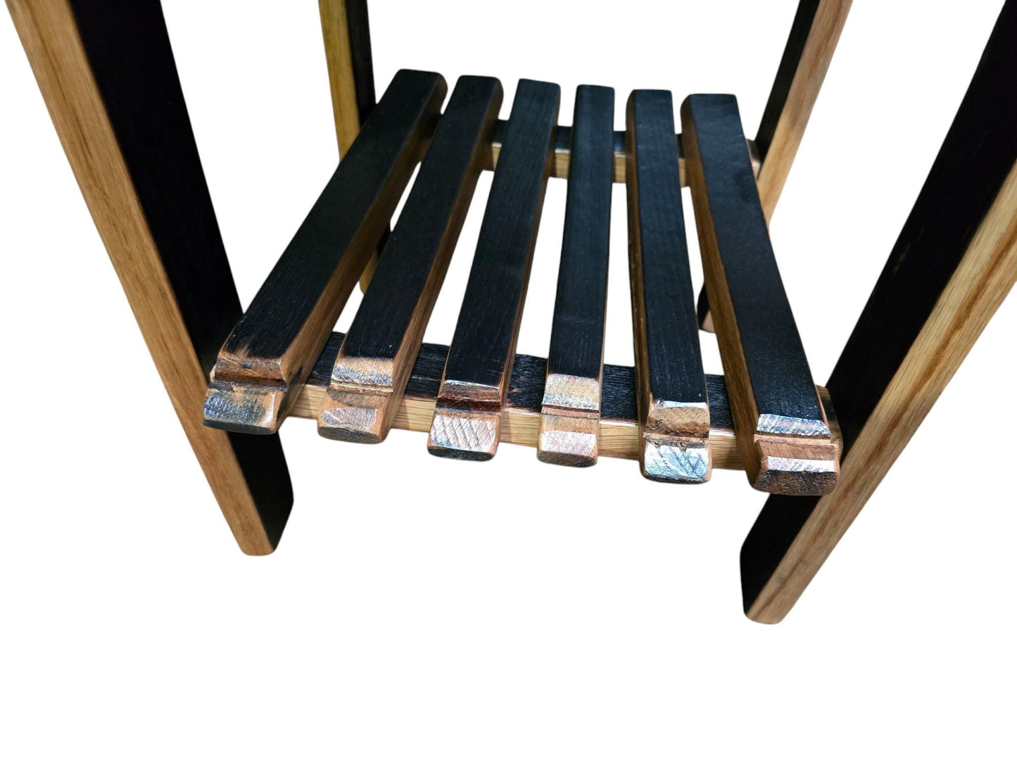 End Table Made of Burnt Hickory with Authentic Whiskey Barrel Stave Legs