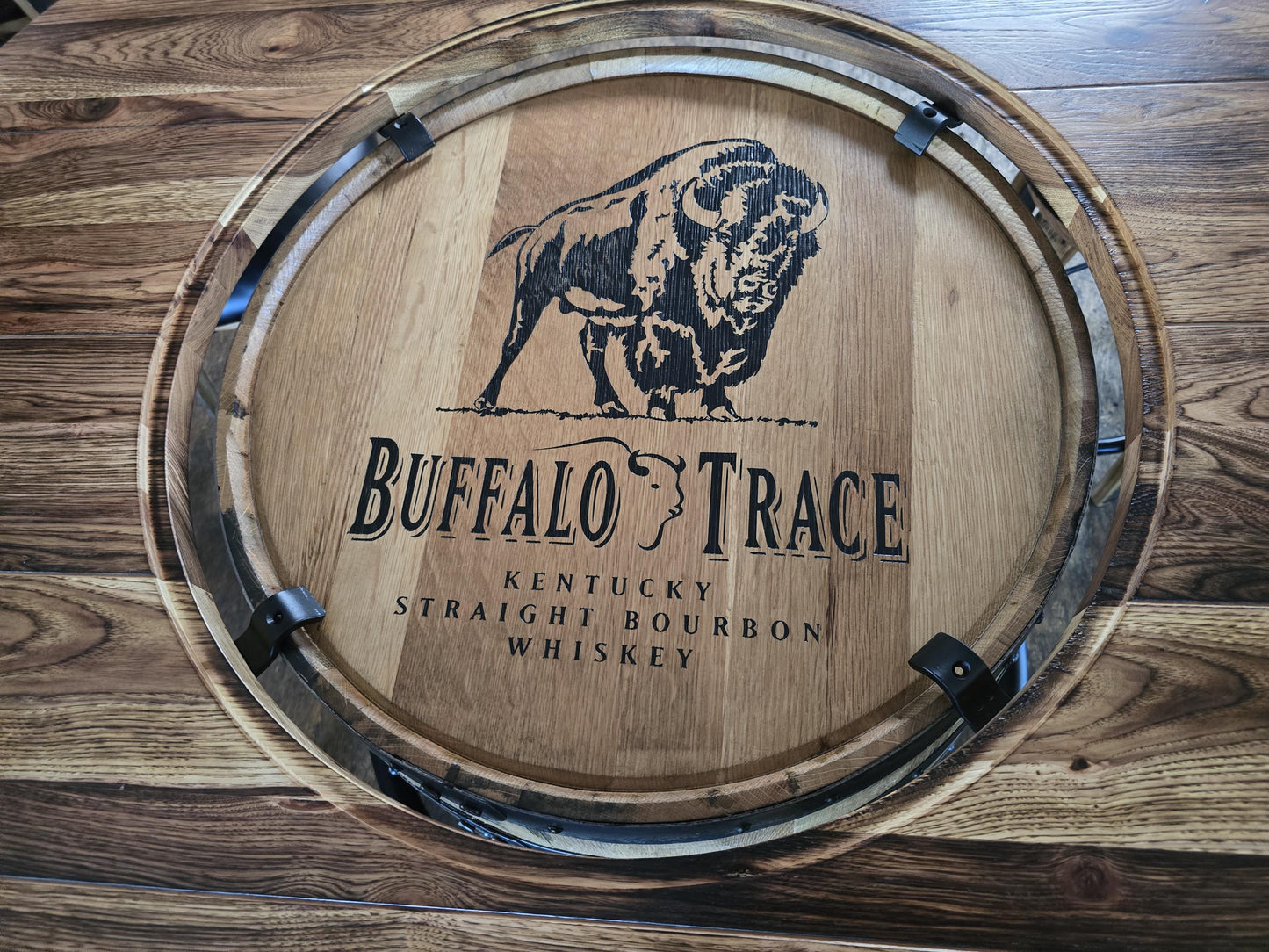 Buffalo Trace Whiskey Barrel Table with Stools – Burnt Hickory Top, Glass Inlay, Metal Footrest – Rustic Whiskey Barrel Furniture, Free