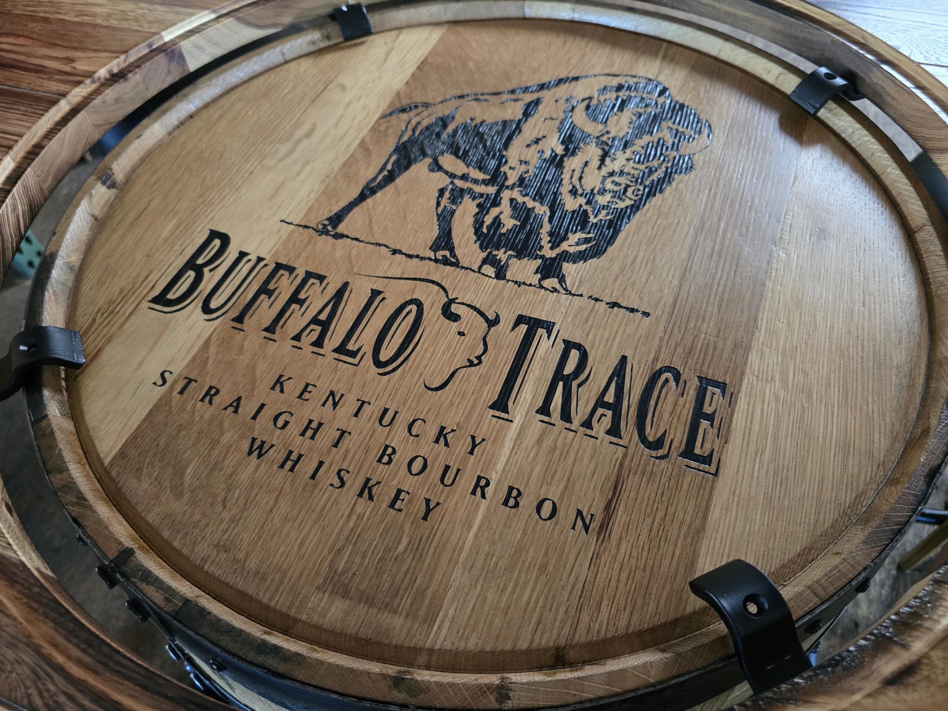 Buffalo Trace Whiskey Barrel Table with Stools – Burnt Hickory Top, Glass Inlay, Metal Footrest – Rustic Whiskey Barrel Furniture, Free