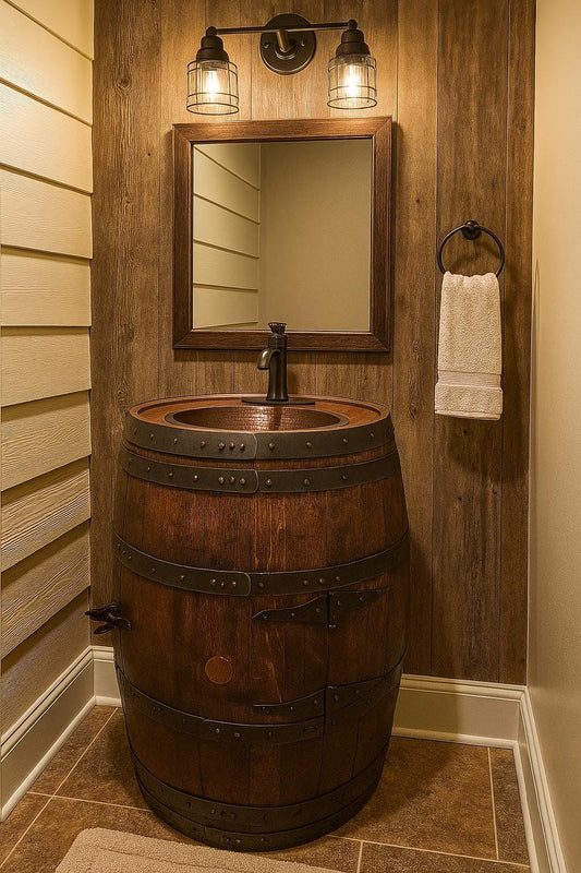 Whiskey Barrel Vanity with Oval Hammered Copper Sink, Wine Barrel Vanity