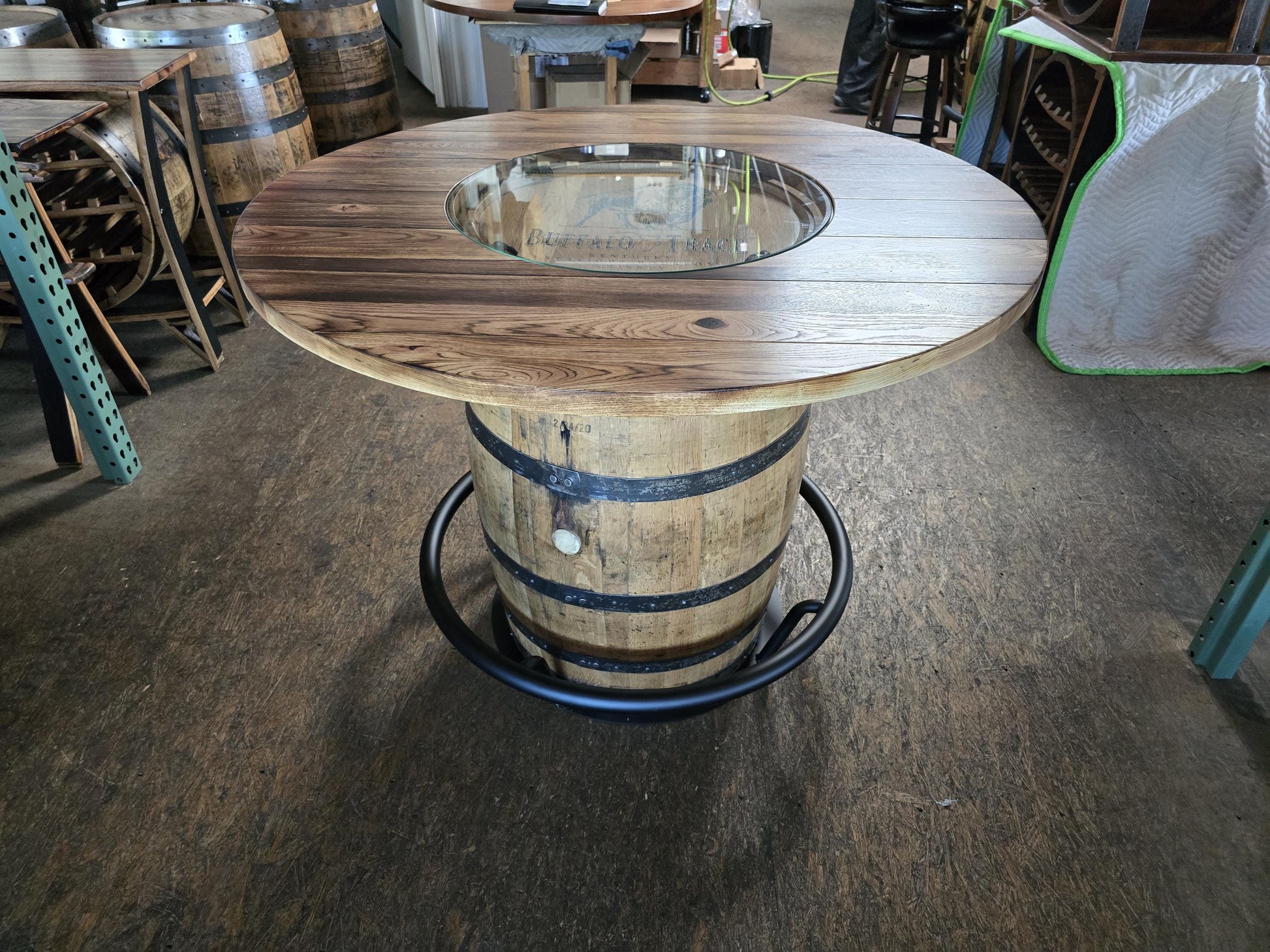 Buffalo Trace Whiskey Barrel Table with Stools – Burnt Hickory Top, Glass Inlay, Metal Footrest – Rustic Whiskey Barrel Furniture, Free