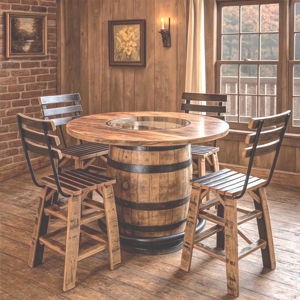 Buffalo Trace Whiskey Barrel Table with Stools – Burnt Hickory Top, Glass Inlay, Metal Footrest – Rustic Whiskey Barrel Furniture, Free