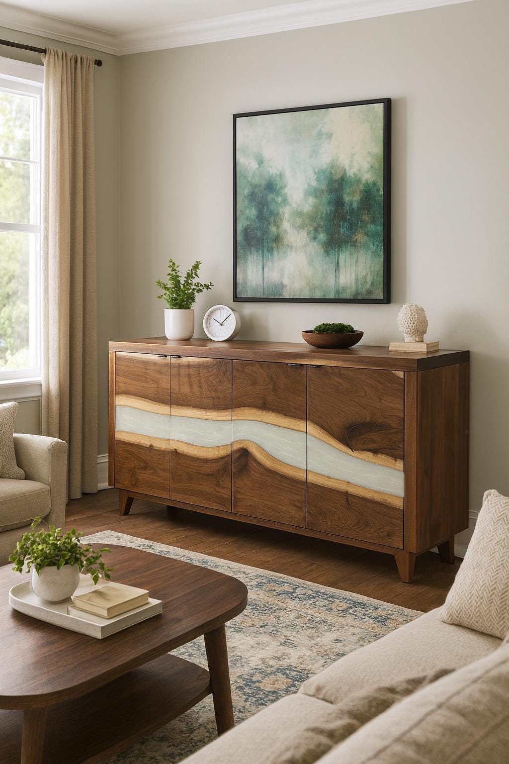 Rustic Walnut Sideboard with Epoxy River – Live Edge Storage Cabinet