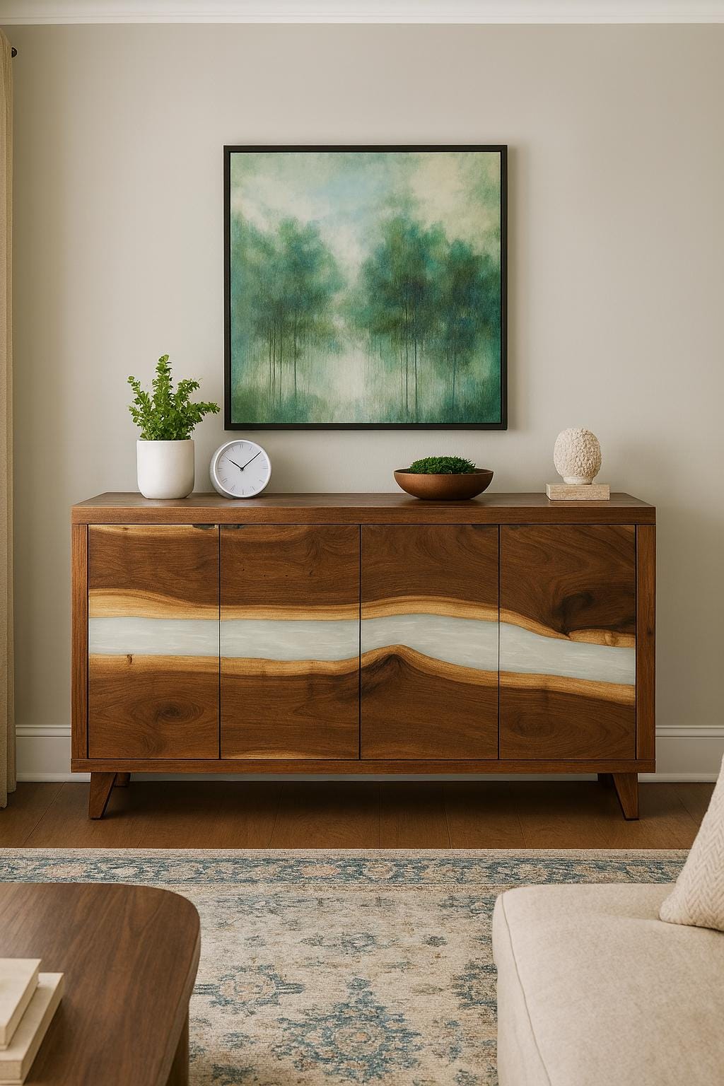 Rustic Walnut Sideboard with Epoxy River – Live Edge Storage Cabinet