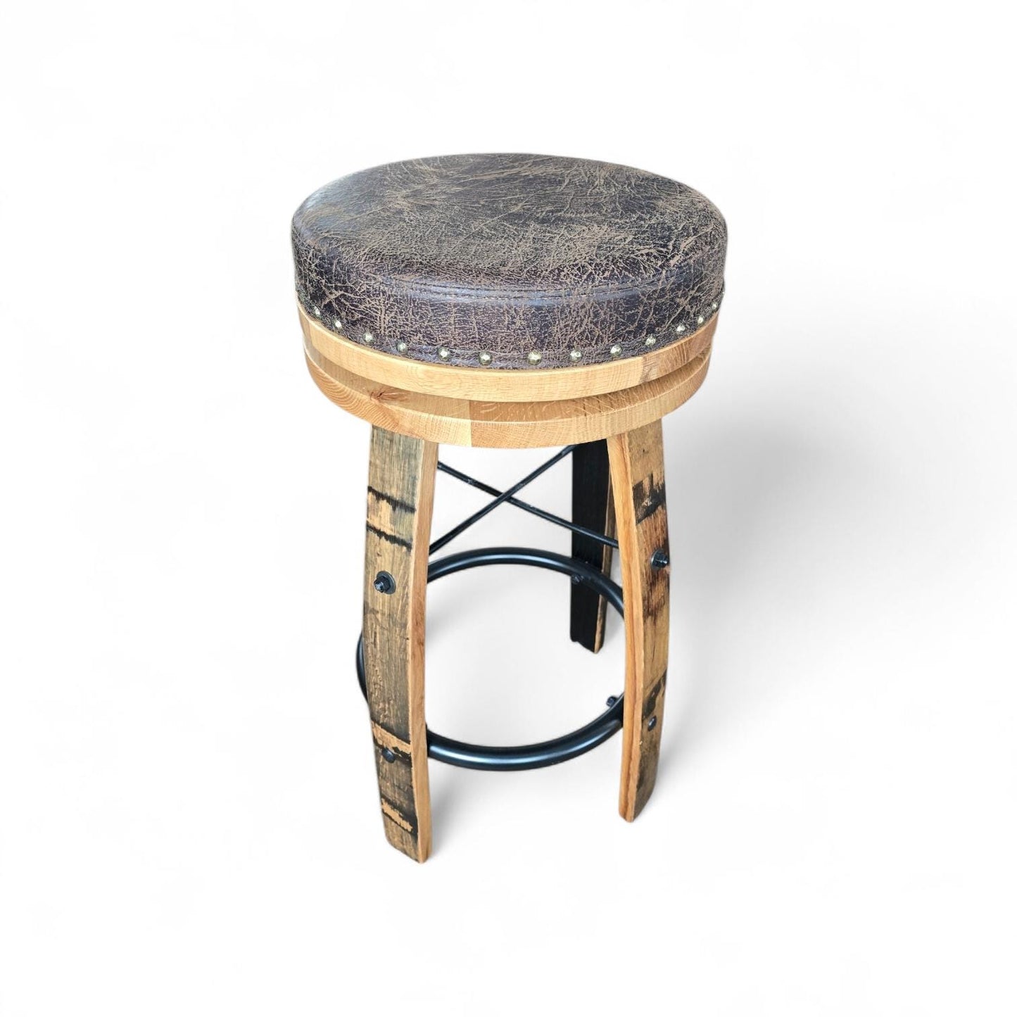 Amish Handcrafted Whiskey Barrel Stave Bar Stool, Rustic Swivel Seat