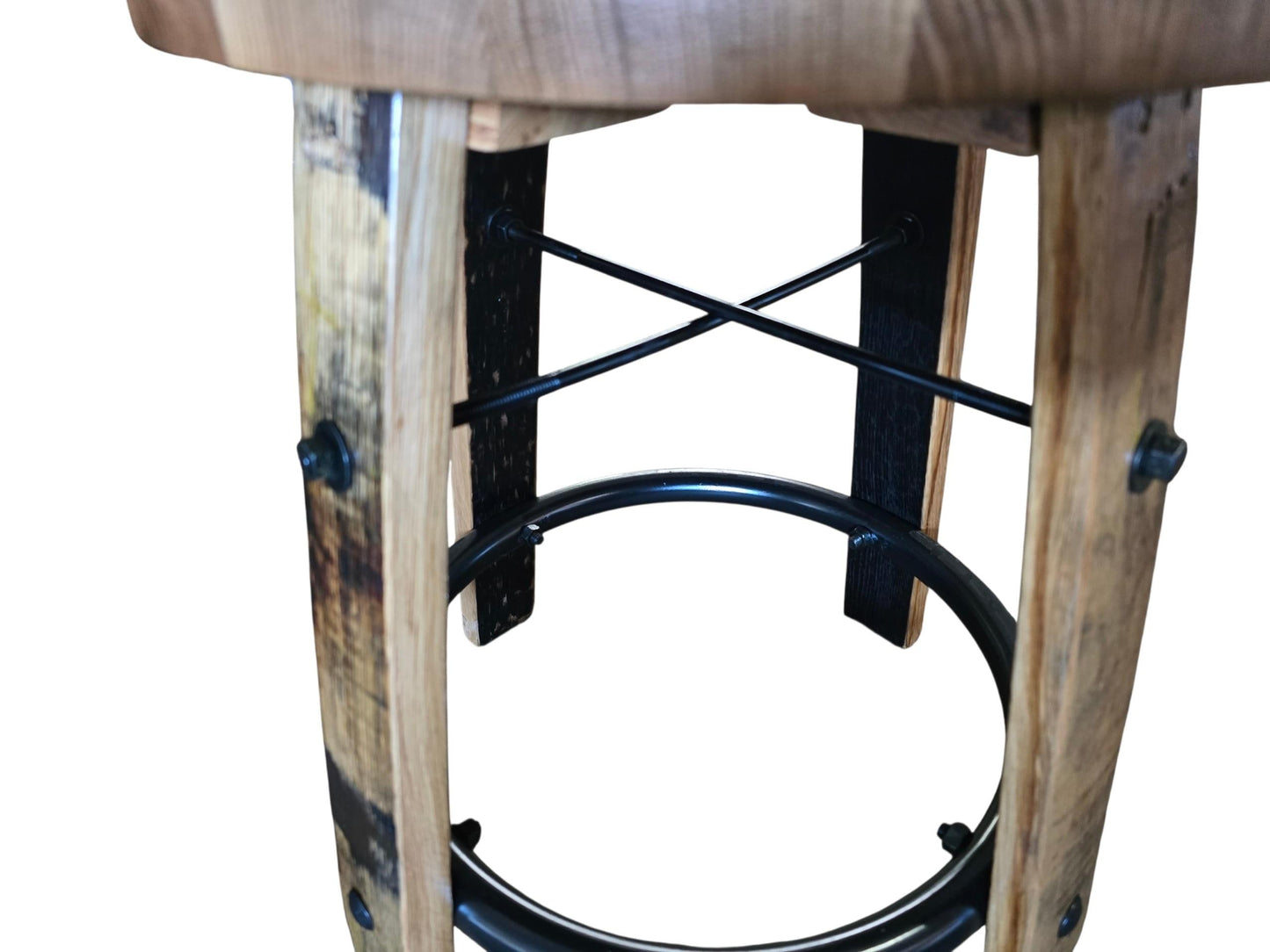 Whiskey Barrel Bar Stool with Back | 18" Round Kelso Cushion | 7" Low Back Swivel Stool | Rustic Reclaimed Wood | Amish Made Bar Stool