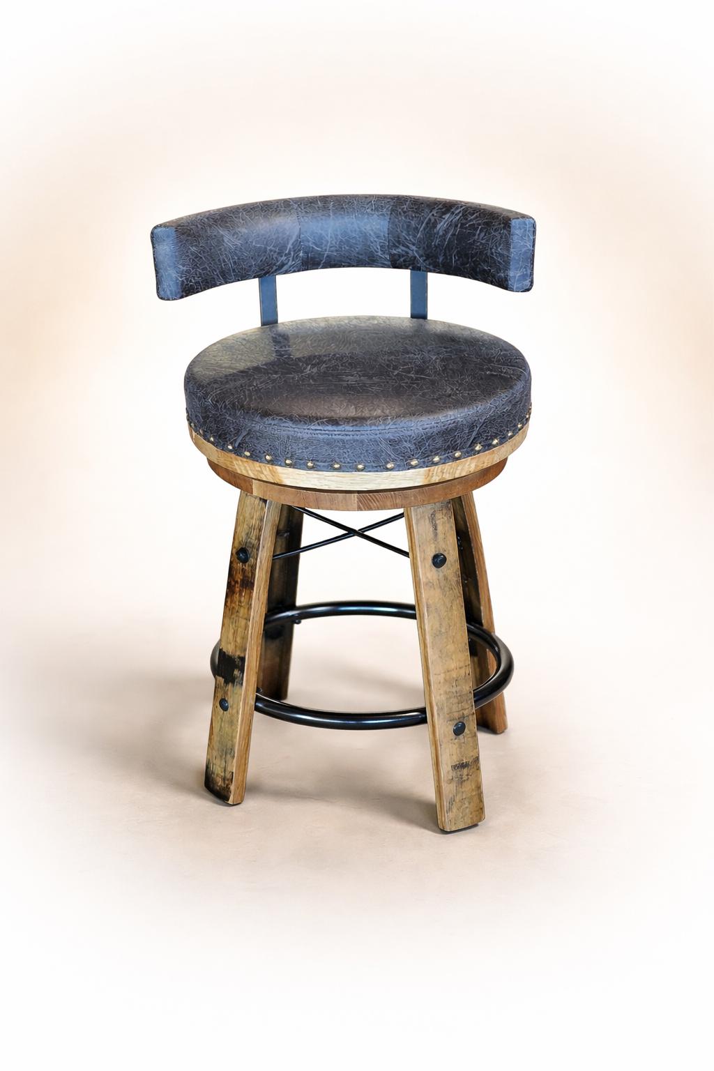 Whiskey Barrel Bar Stool with Back | 18" Round Kelso Cushion | 7" Low Back Swivel Stool | Rustic Reclaimed Wood | Amish Made Bar Stool
