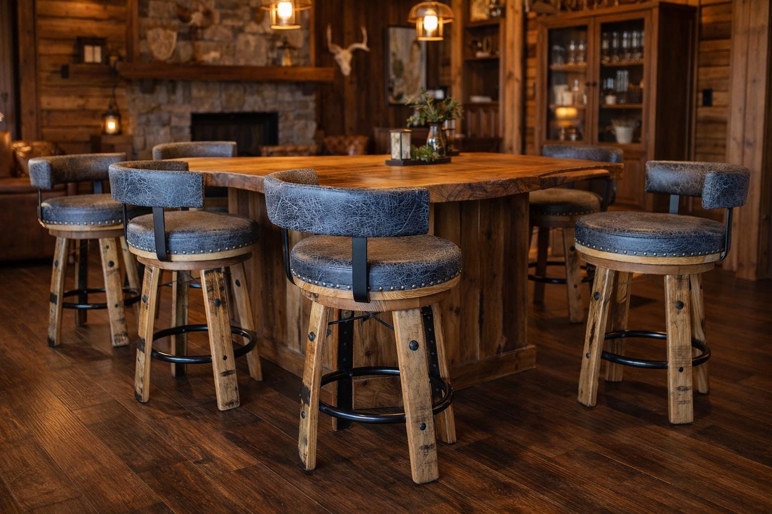 Whiskey Barrel Bar Stool with Back | 18" Round Kelso Cushion | 7" Low Back Swivel Stool | Rustic Reclaimed Wood | Amish Made Bar Stool