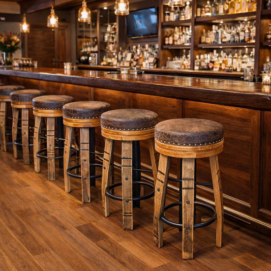 Amish Handcrafted Whiskey Barrel Stave Bar Stool, Rustic Swivel Seat