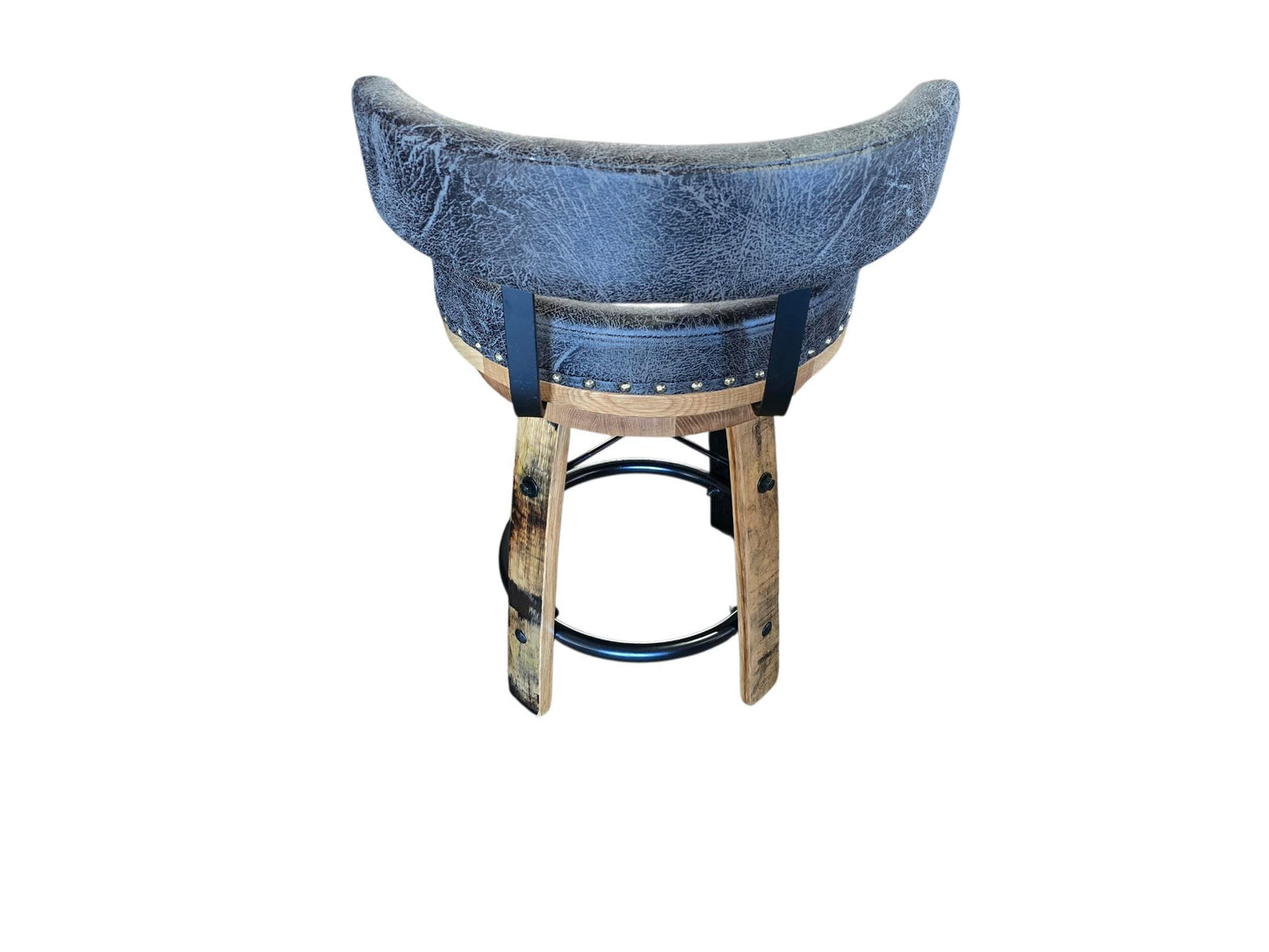 Whiskey Barrel Bar Stool with Back | 18" Round Kelso Cushion | 7" Low Back Swivel Stool | Rustic Reclaimed Wood | Amish Made Bar Stool