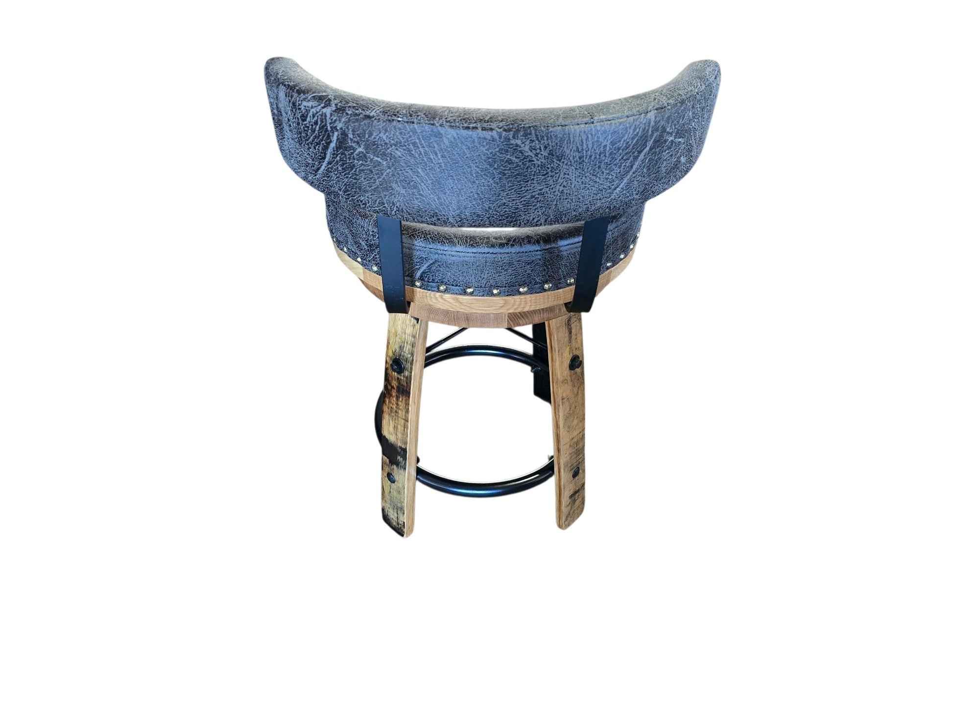 Whiskey Barrel Bar Stool with Back | 18" Round Kelso Cushion | 7" Low Back Swivel Stool | Rustic Reclaimed Wood | Amish Made Bar Stool
