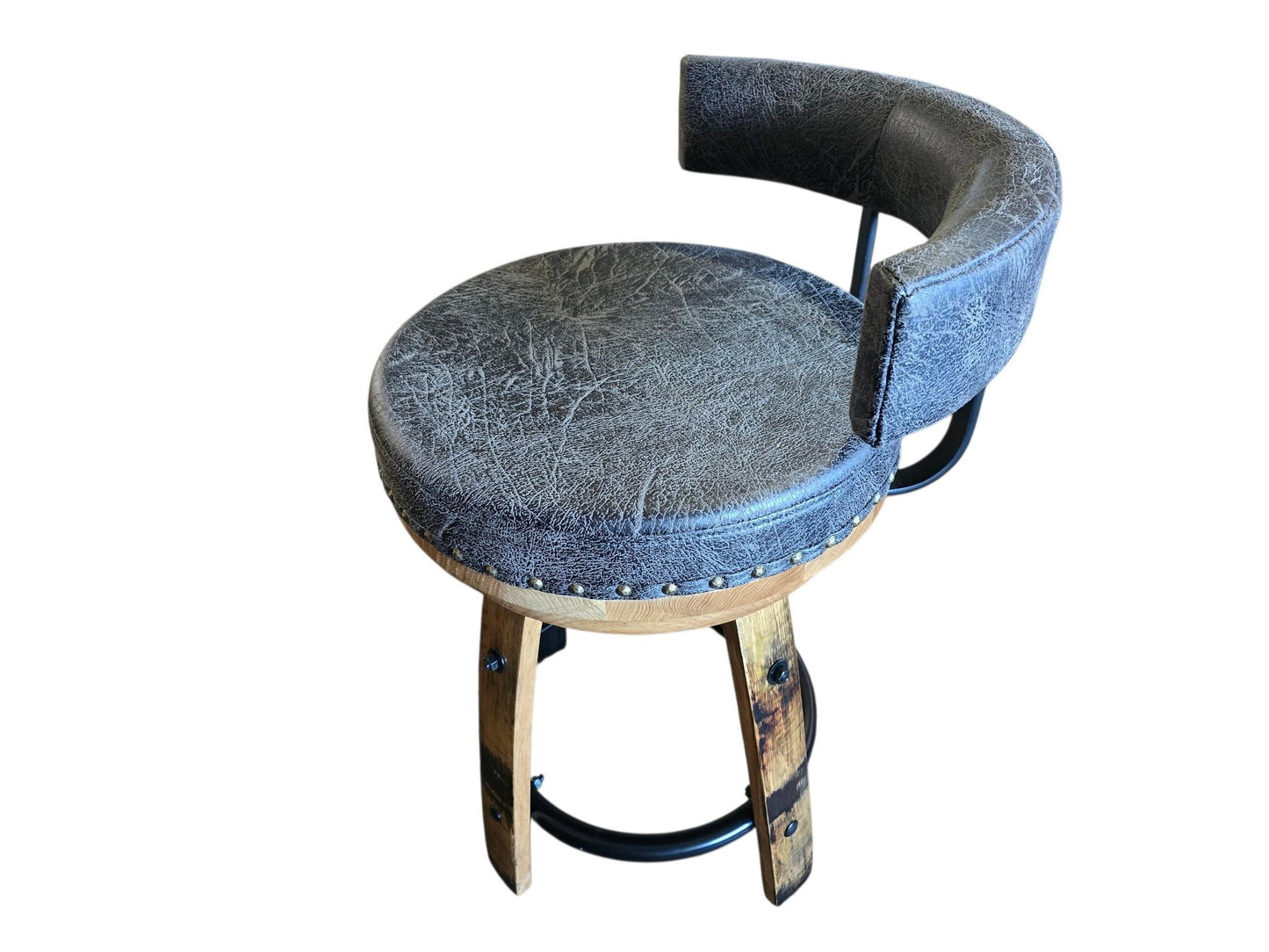 Whiskey Barrel Bar Stool with Back | 18" Round Kelso Cushion | 7" Low Back Swivel Stool | Rustic Reclaimed Wood | Amish Made Bar Stool