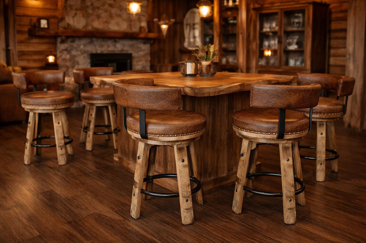 Whiskey Barrel Bar Stool with Back | 18" Round Kelso Cushion | 7" Low Back Swivel Stool | Rustic Reclaimed Wood | Amish Made Bar Stool
